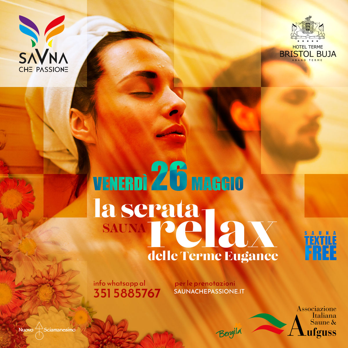 Venerdì 26 maggio. La serata Textile Free sauna e relax delle Terme Euganee all'Hotel Bristol Buja di Abano Terme